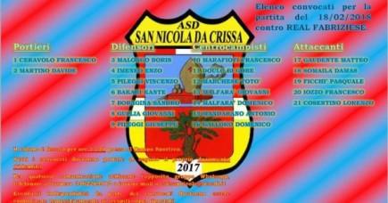 Elenco convocati partita del 18/02/2018 contro REAL FABRIZIESE