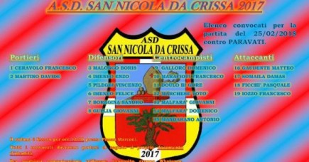 Elenco convocati partita del 25/02/2018 contro PARAVATI